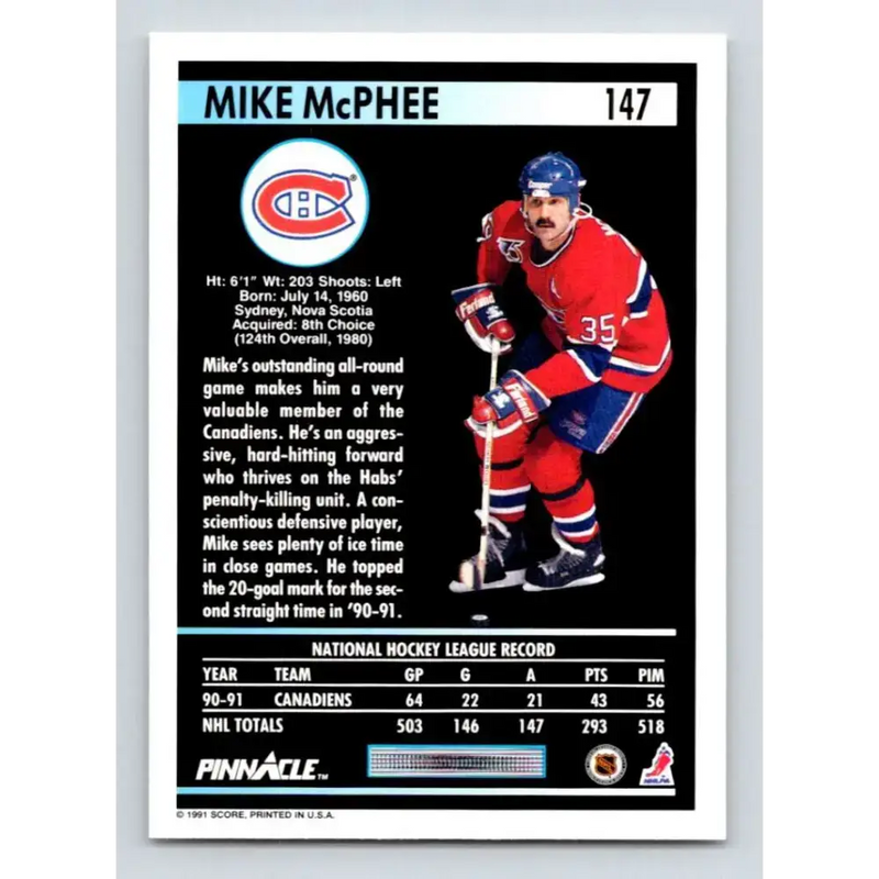 1991-92 Pinnacle #147 Mike McPhee NM-MT Montreal Canadiens Hockey Card - Hockey Card Single
