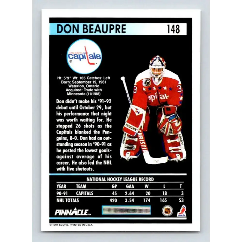 1991-92 Pinnacle #148 Don Beaupre NM-MT Washington Capitals Hockey Card - Hockey Card Single