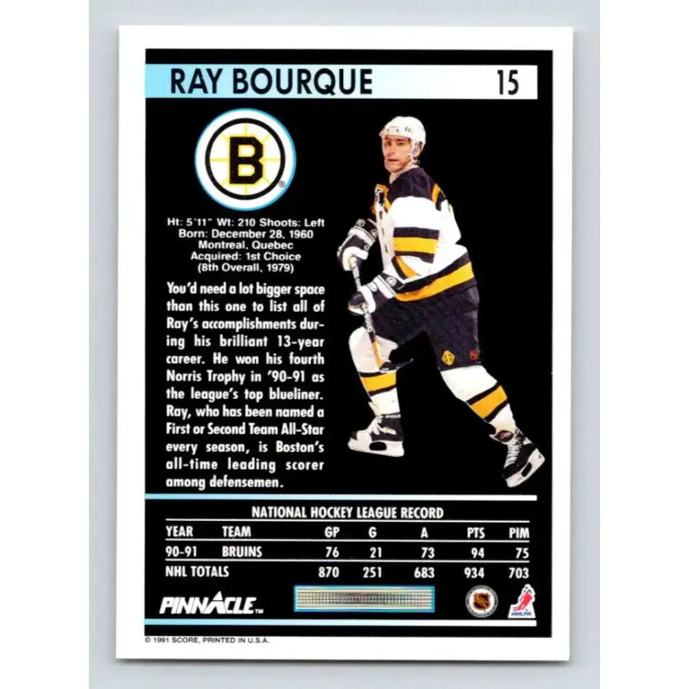 1991-92 Pinnacle #15 Ray Bourque NM-MT Boston Bruins Hockey Card - Hockey Card Single
