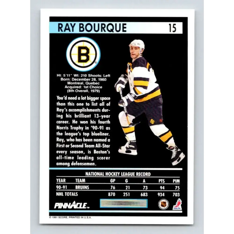 1991-92 Pinnacle #15 Ray Bourque NM-MT Boston Bruins Hockey Card - Hockey Card Single