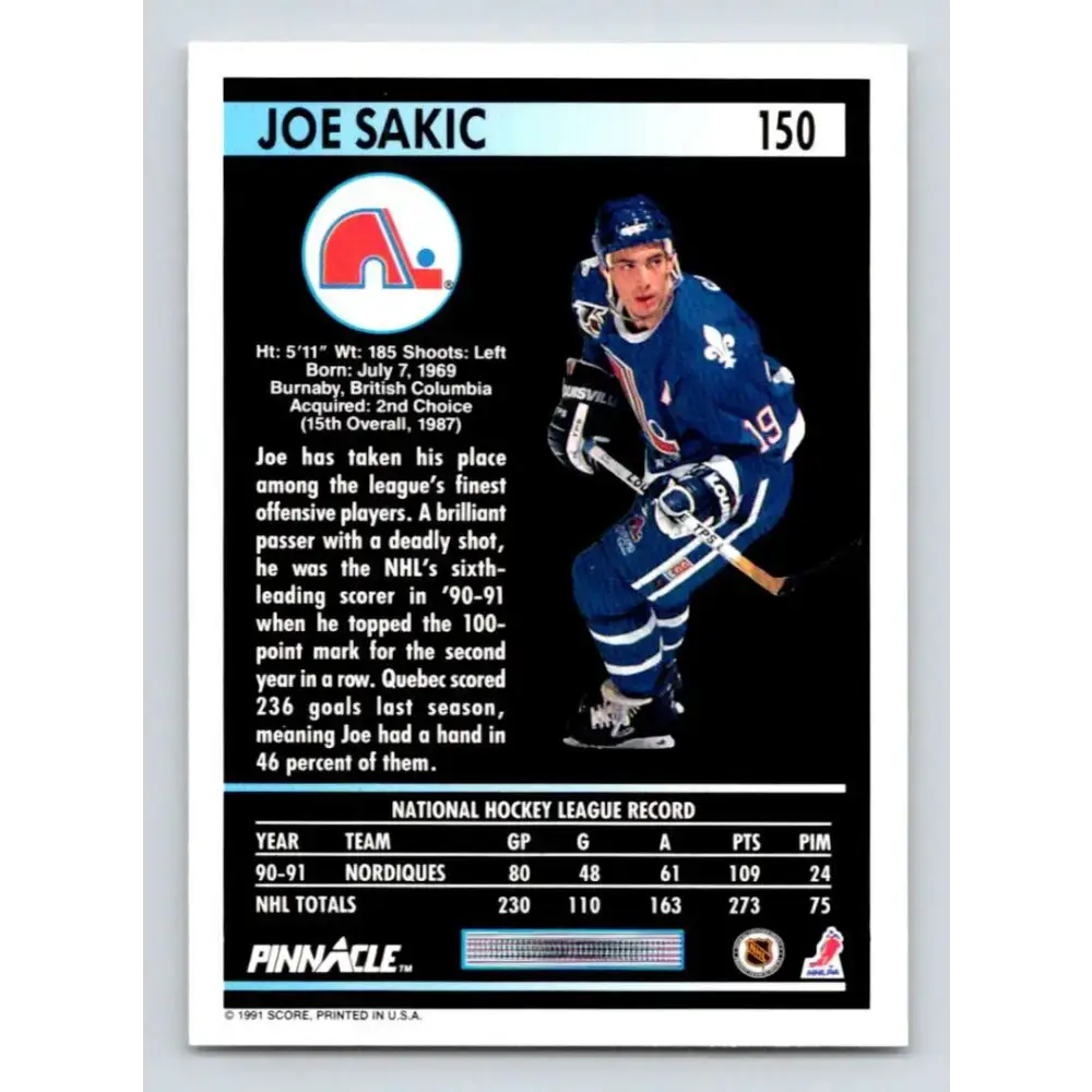 1991-92 Pinnacle #150 Joe Sakic NM-MT Quebec Nordiques Hockey Card - Hockey Card Single