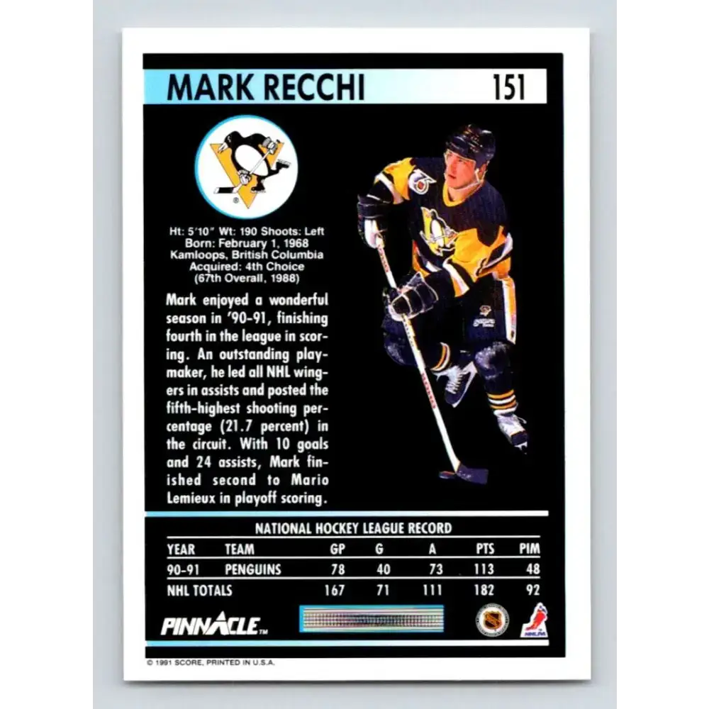1991-92 Pinnacle #151 Mark Recchi NM-MT Pittsburgh Penguins Hockey Card - Hockey Card Single