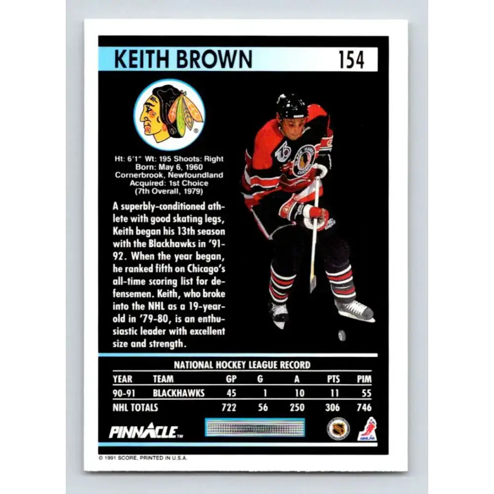 1991-92 Pinnacle #154 Keith Brown NM-MT Chicago Blackhawks Hockey Card - Hockey Card Single