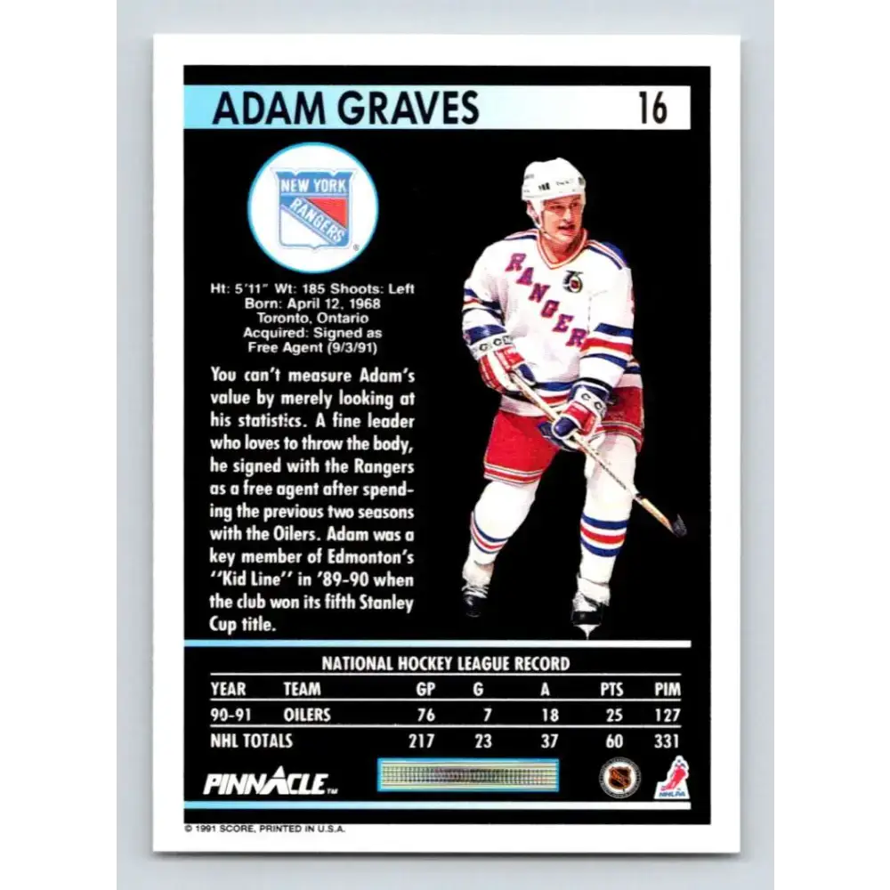 1991-92 Pinnacle #16 Adam Graves NM-MT New York Rangers Hockey Card - Hockey Card Single