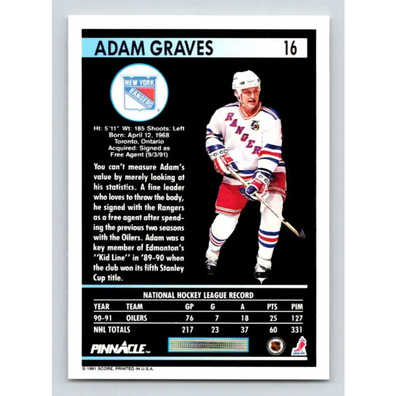 1991-92 Pinnacle #16 Adam Graves NM-MT New York Rangers Hockey Card - Hockey Card Single
