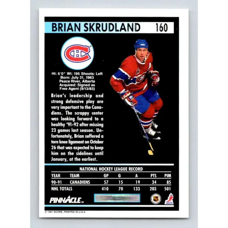 1991-92 Pinnacle #160 Brian Skrudland NM-MT Montreal Canadiens Hockey Card - Hockey Card Single