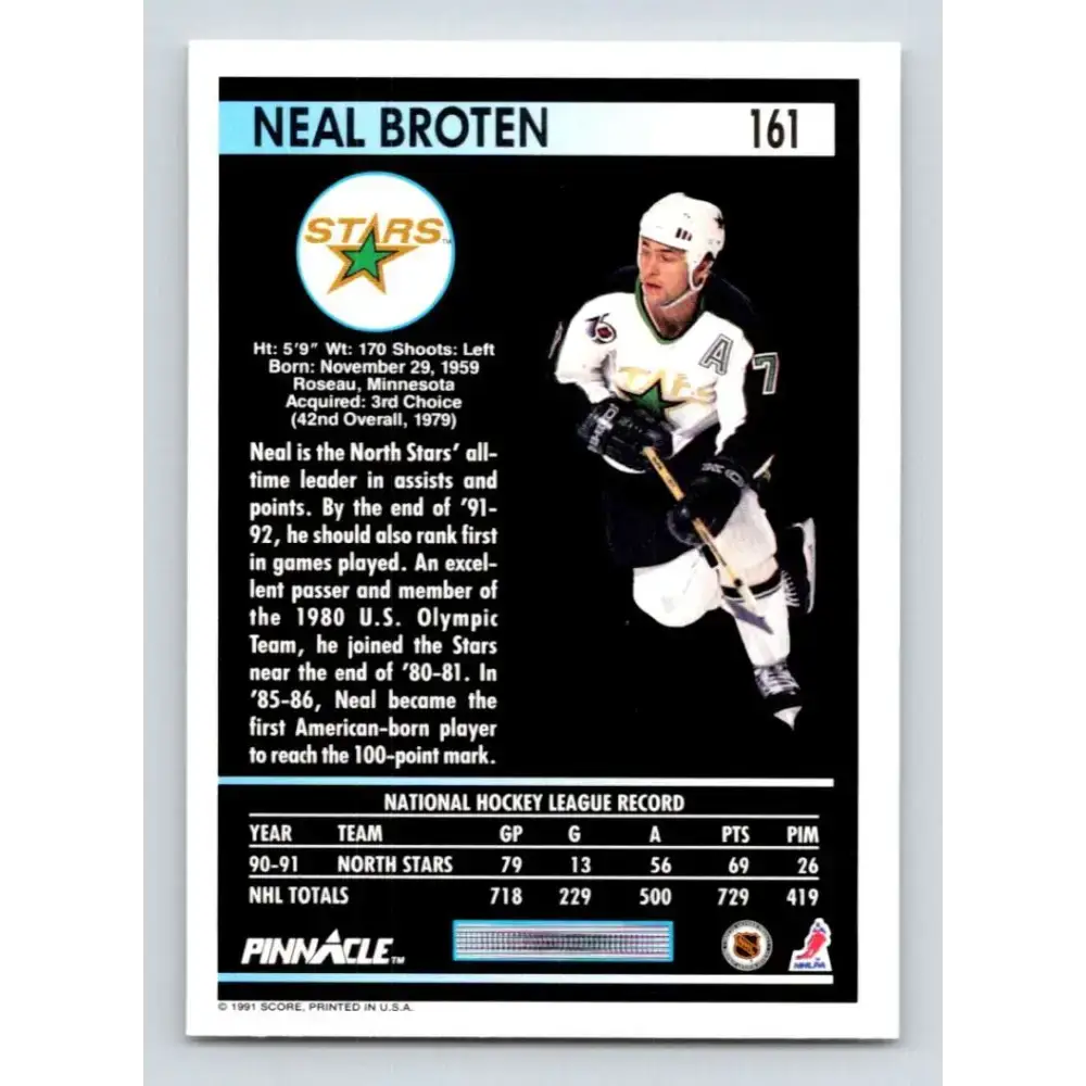 1991-92 Pinnacle #161 Neal Broten NM-MT Minnesota North Stars Hockey Card - Hockey Card Single