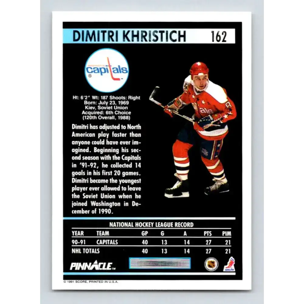 1991-92 Pinnacle #162 Dimitri Khristich NM-MT Washington Capitals Hockey Card - Hockey Card Single