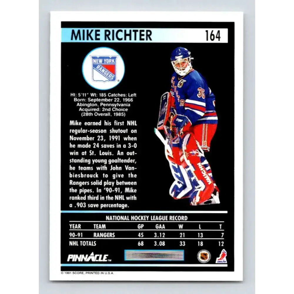 1991-92 Pinnacle #164 Mike Richter NM-MT New York Rangers Hockey Card - Hockey Card Single