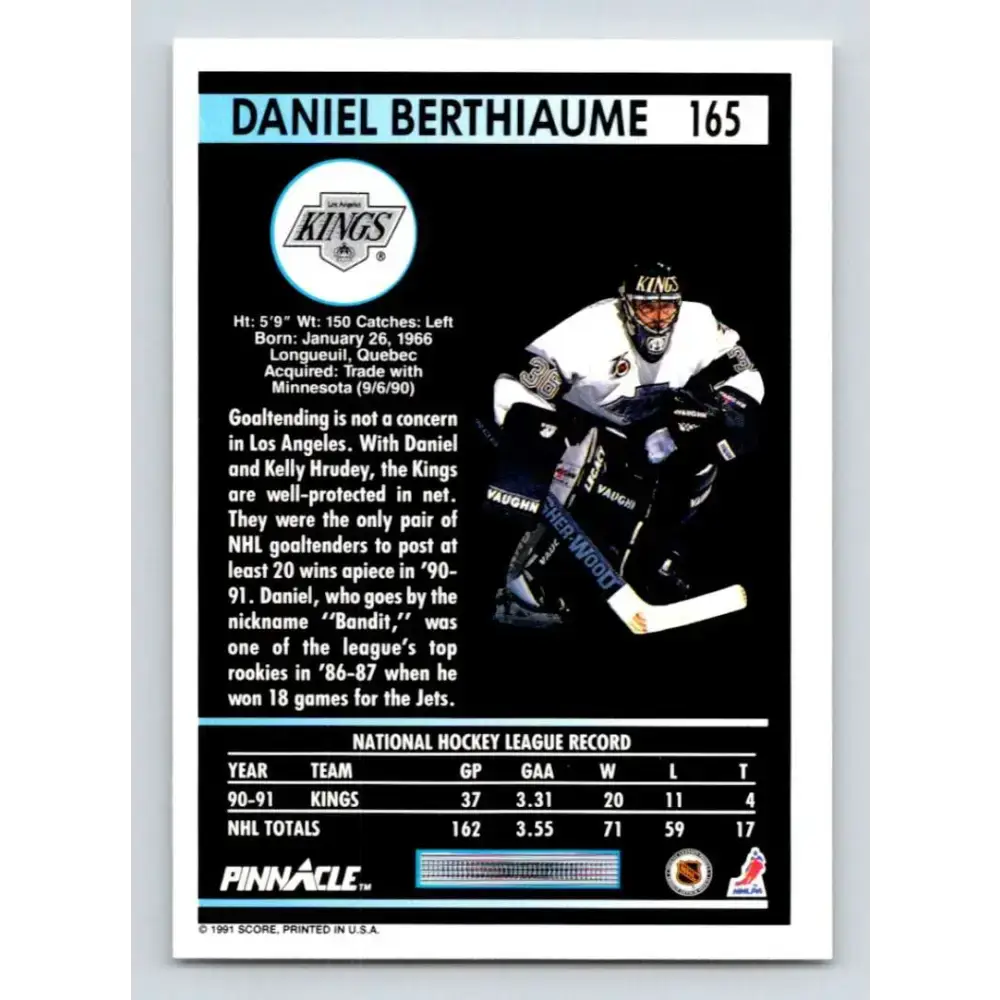 1991-92 Pinnacle #165 Daniel Berthiaume NM-MT Los Angeles Kings Hockey Card - Hockey Card Single