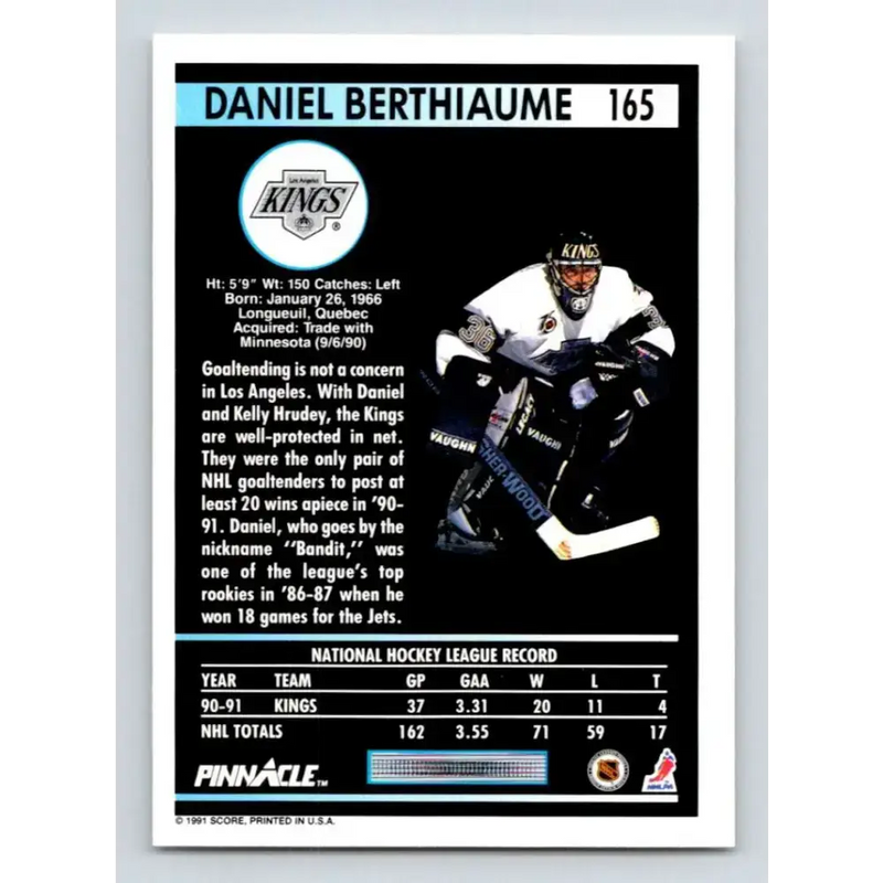 1991-92 Pinnacle #165 Daniel Berthiaume NM-MT Los Angeles Kings Hockey Card - Hockey Card Single