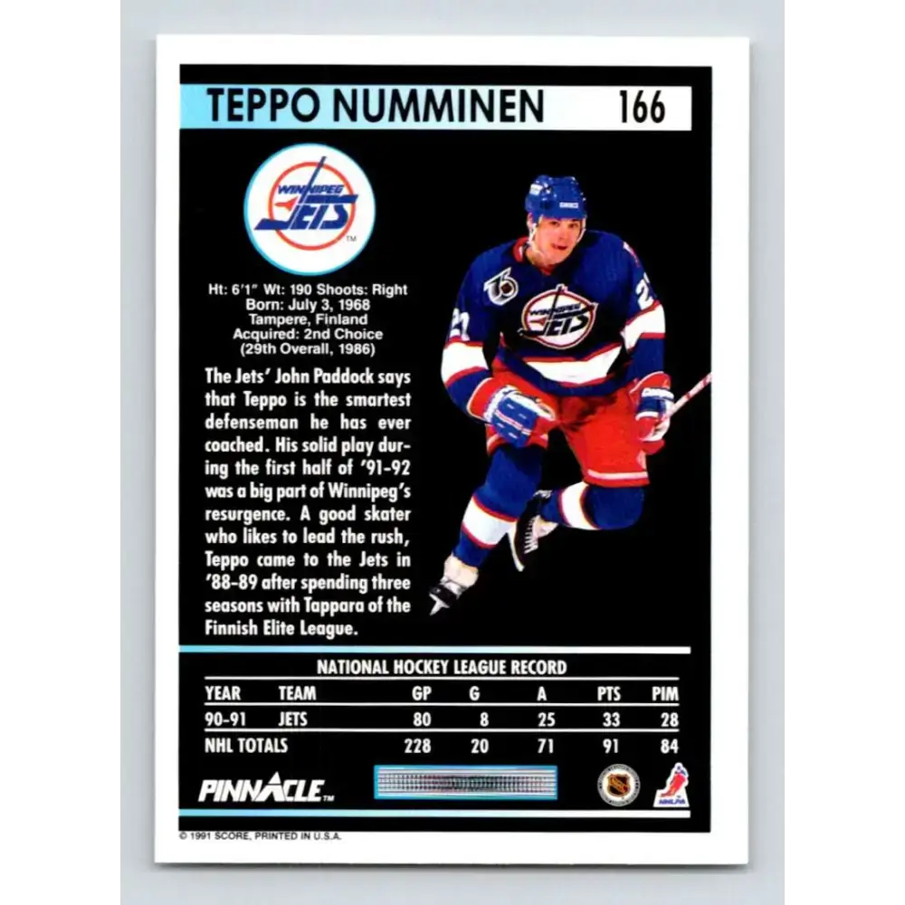 1991-92 Pinnacle #166 Teppo Numminen NM-MT Winnipeg Jets Hockey Card - Hockey Card Single