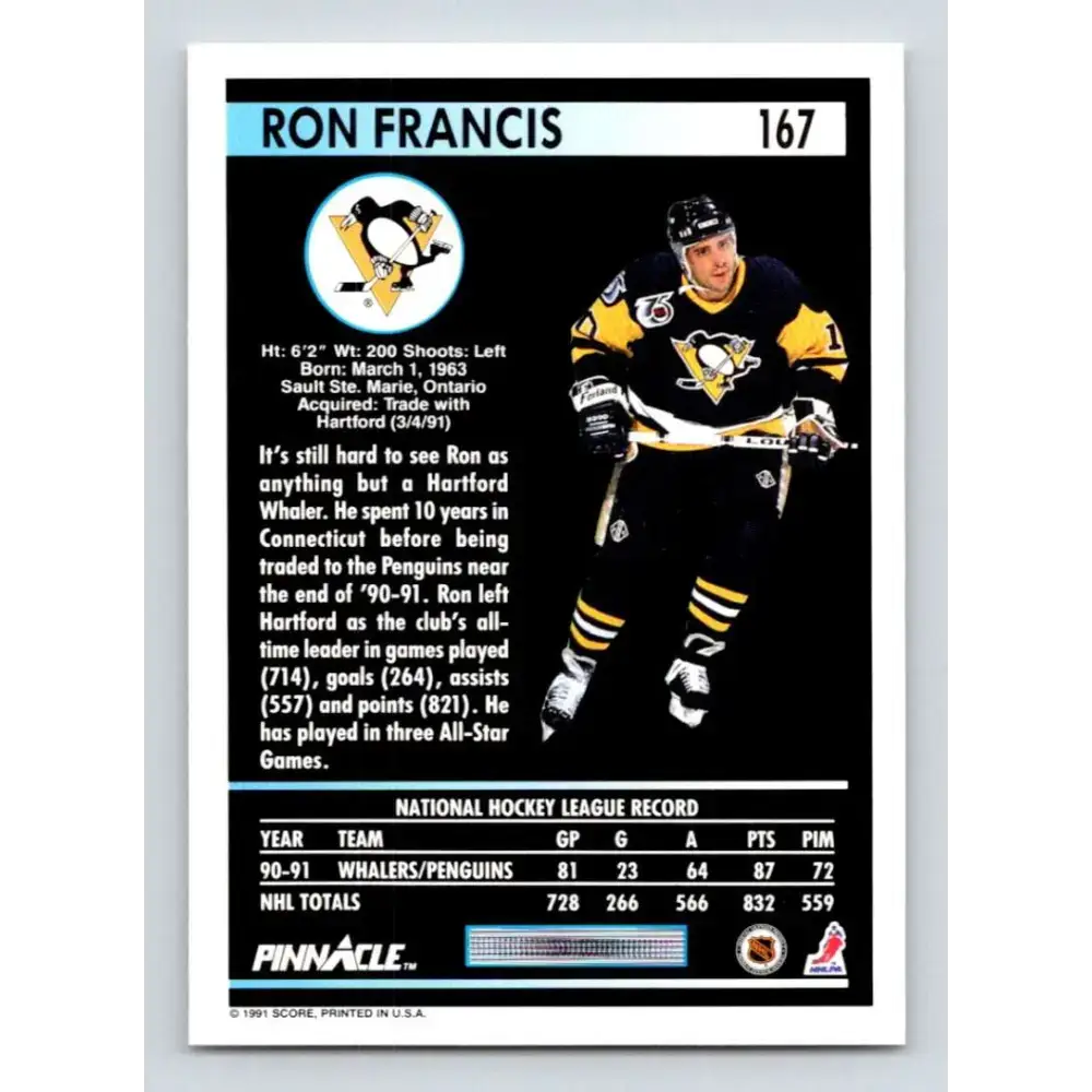 1991-92 Pinnacle #167 Ron Francis NM-MT Pittsburgh Penguins Hockey Card - Hockey Card Single