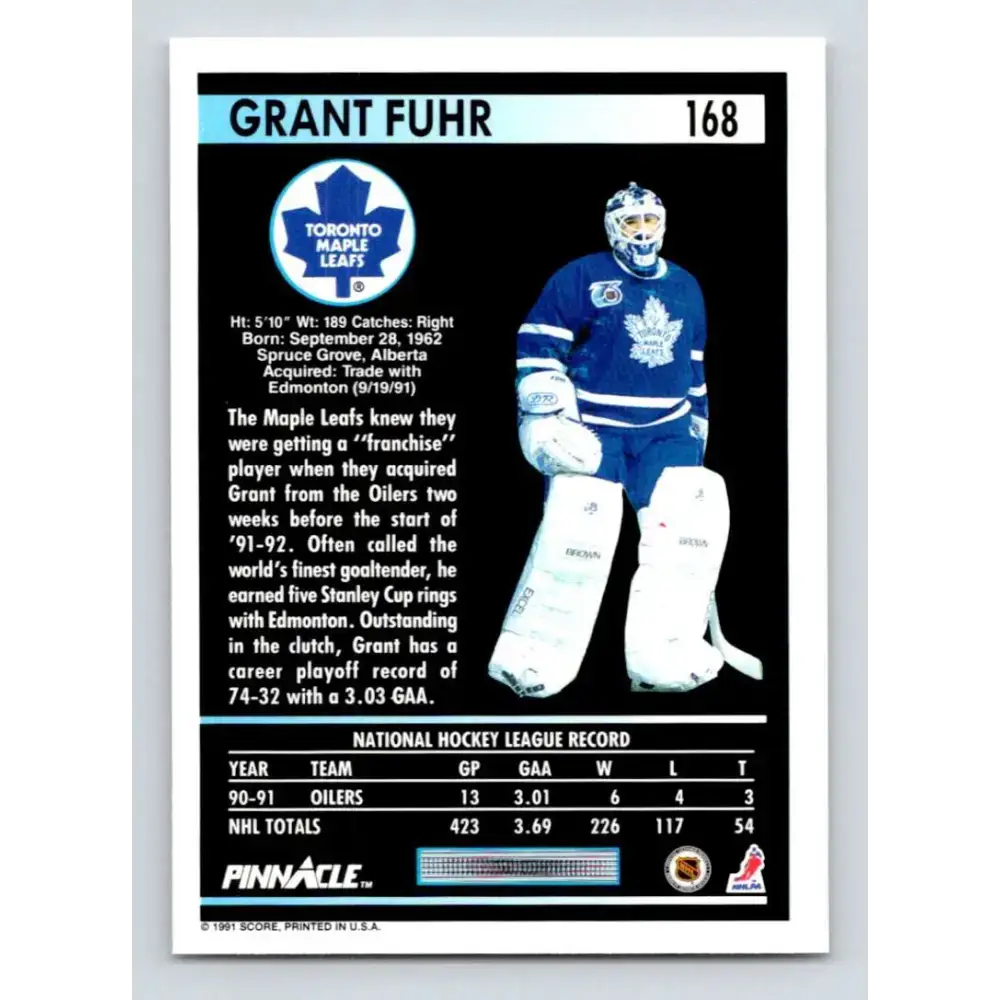 1991-92 Pinnacle #168 Grant Fuhr NM-MT Toronto Maple Leafs Hockey Card - Hockey Card Single