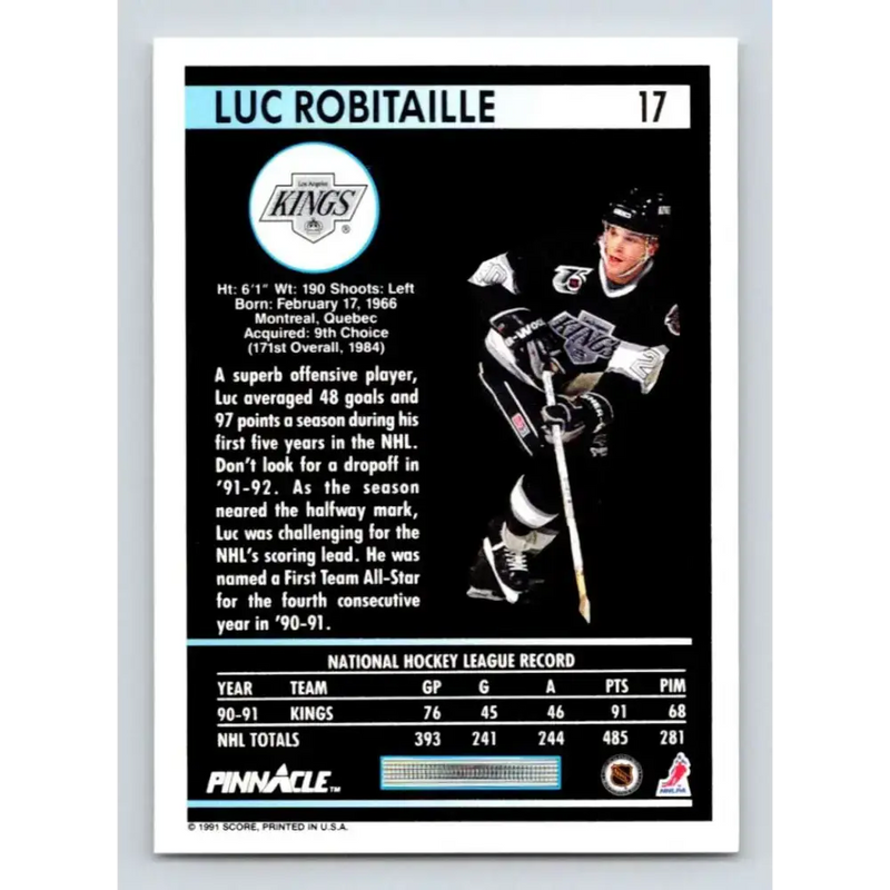 1991-92 Pinnacle #17 Luc Robitaille NM-MT Los Angeles Kings Hockey Card - Hockey Card Single