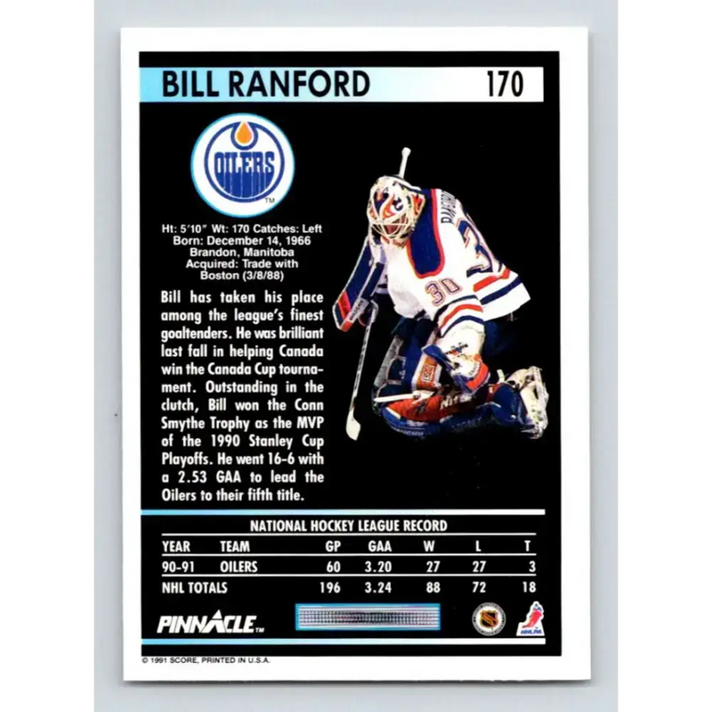 1991-92 Pinnacle #170 Bill Ranford NM-MT Edmonton Oilers Hockey Card - Hockey Card Single