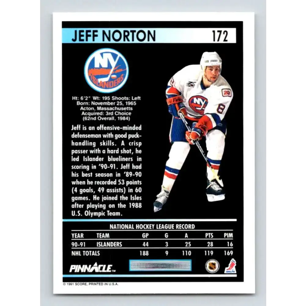 1991-92 Pinnacle #172 Jeff Norton NM-MT New York Islanders Hockey Card - Hockey Card Single