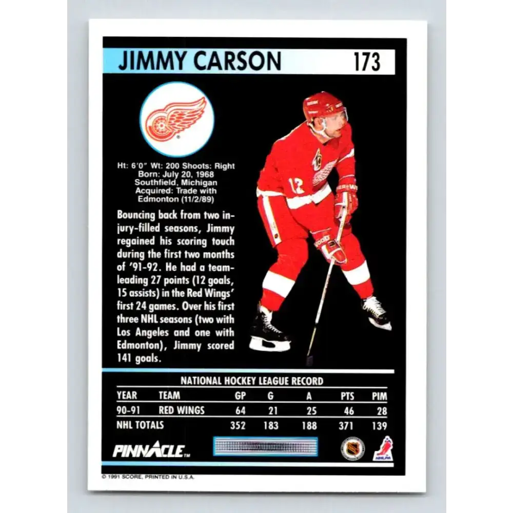 1991-92 Pinnacle #173 Jimmy Carson NM-MT Detroit Red Wings Hockey Card - Hockey Card Single