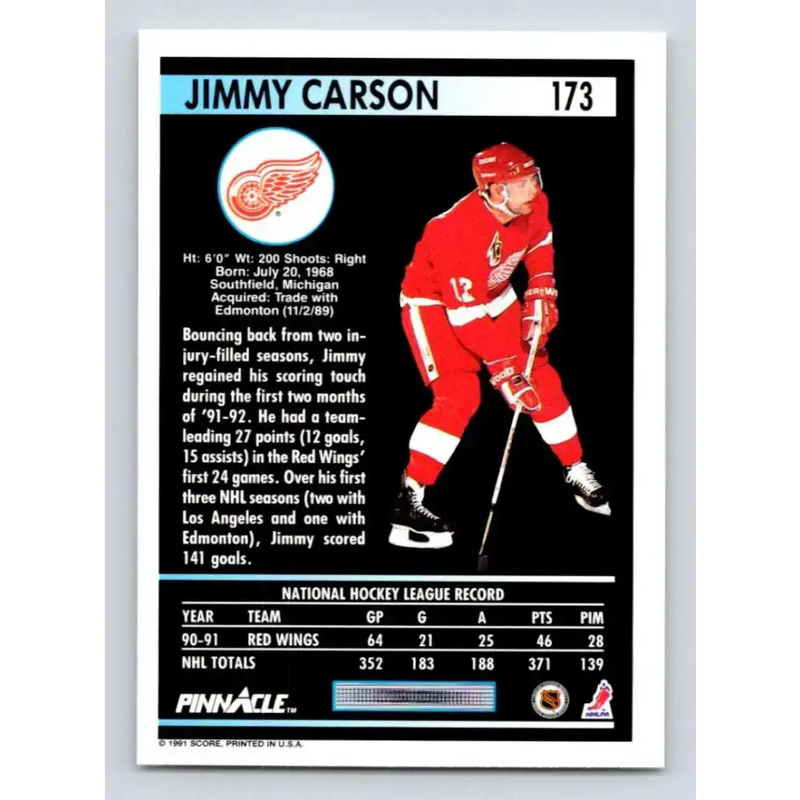 1991-92 Pinnacle #173 Jimmy Carson NM-MT Detroit Red Wings Hockey Card - Hockey Card Single