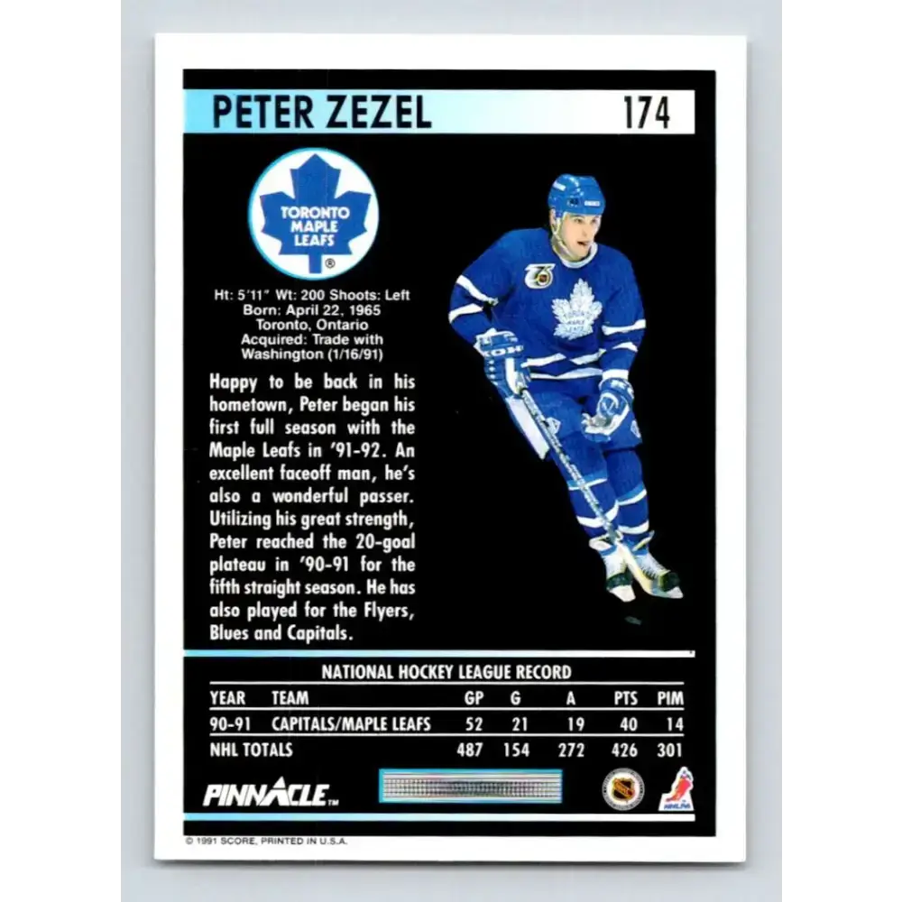 1991-92 Pinnacle #174 Peter Zezel NM-MT Toronto Maple Leafs Hockey Card - Hockey Card Single