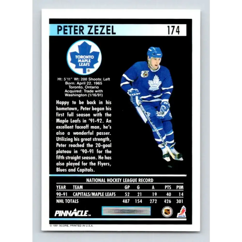 1991-92 Pinnacle #174 Peter Zezel NM-MT Toronto Maple Leafs Hockey Card - Hockey Card Single