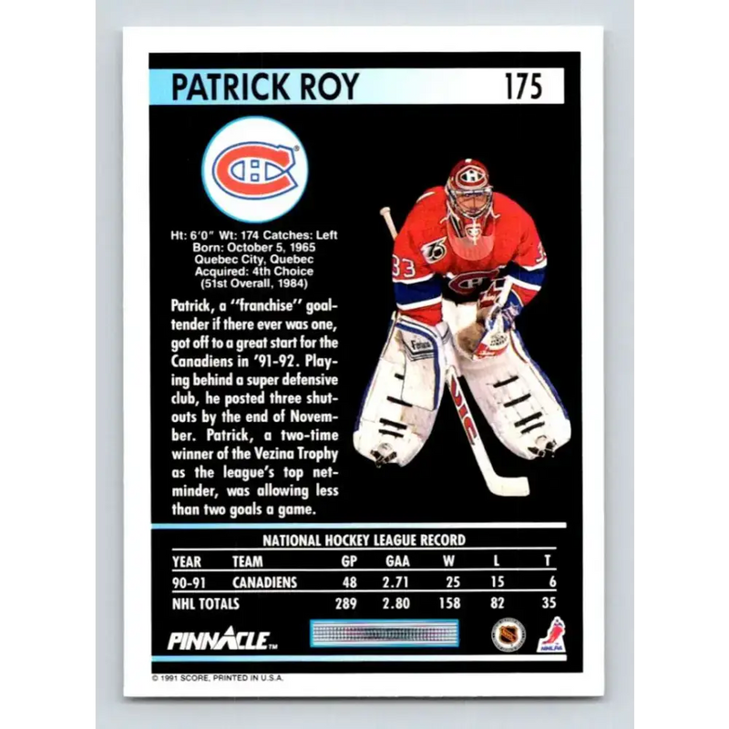 1991-92 Pinnacle #175 Patrick Roy NM-MT Montreal Canadiens Hockey Card - Hockey Card Single