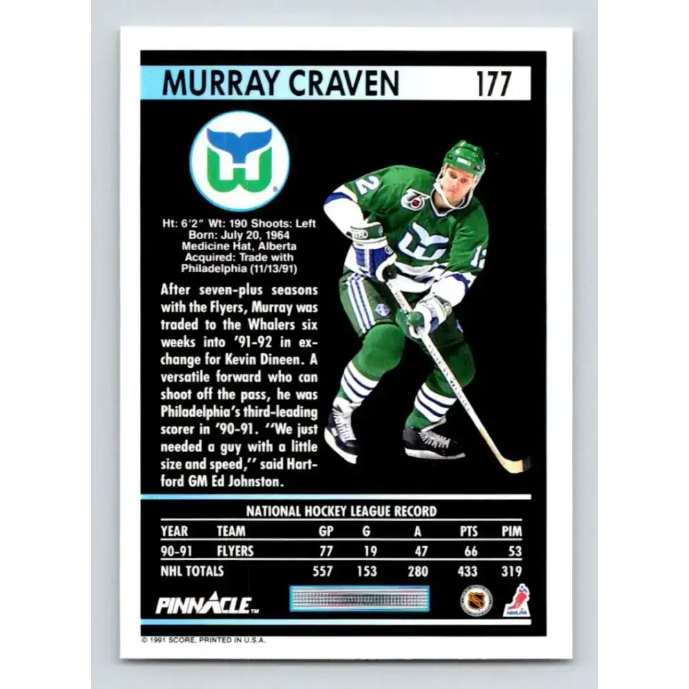 1991-92 Pinnacle #177 Murray Craven NM-MT Hartford Whalers Hockey Card - Hockey Card Single