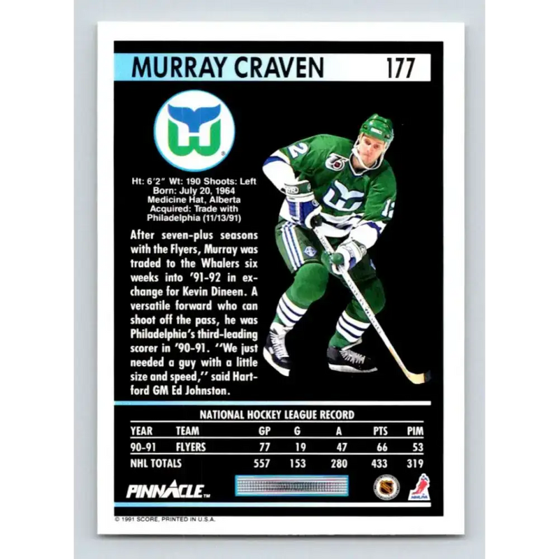 1991-92 Pinnacle #177 Murray Craven NM-MT Hartford Whalers Hockey Card - Hockey Card Single