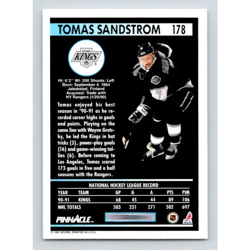 1991-92 Pinnacle #178 Tomas Sandstrom NM-MT Los Angeles Kings Hockey Card - Hockey Card Single