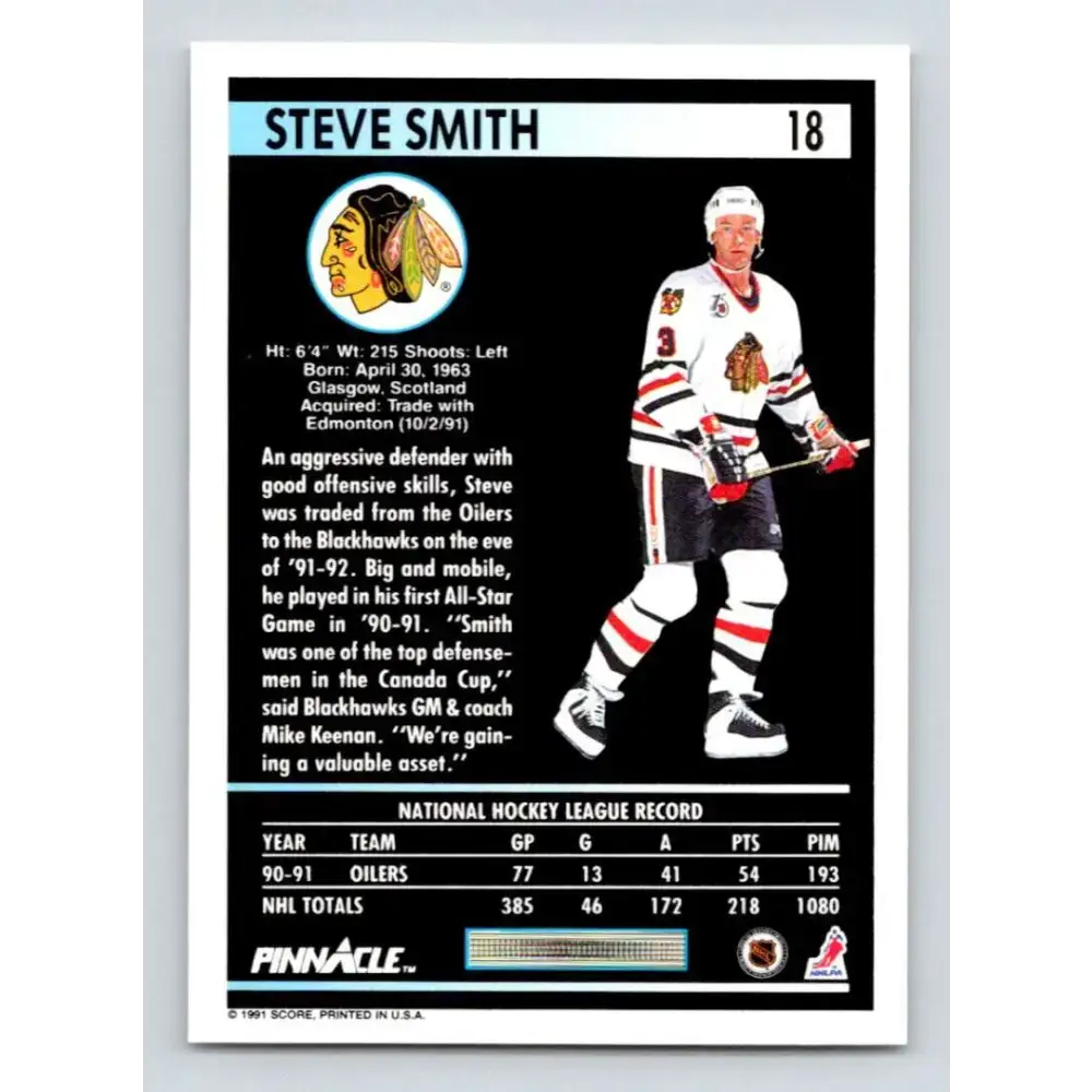 1991-92 Pinnacle #18 Steve Smith NM-MT Chicago Blackhawks Hockey Card - Hockey Card Single