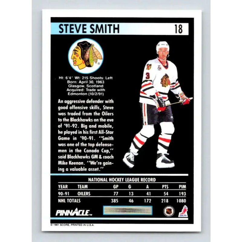 1991-92 Pinnacle #18 Steve Smith NM-MT Chicago Blackhawks Hockey Card - Hockey Card Single