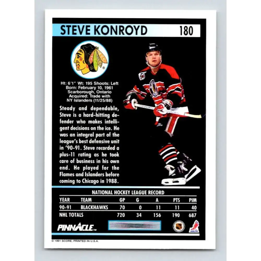1991-92 Pinnacle #180 Steve Konroyd NM-MT Chicago Blackhawks Hockey Card - Hockey Card Single