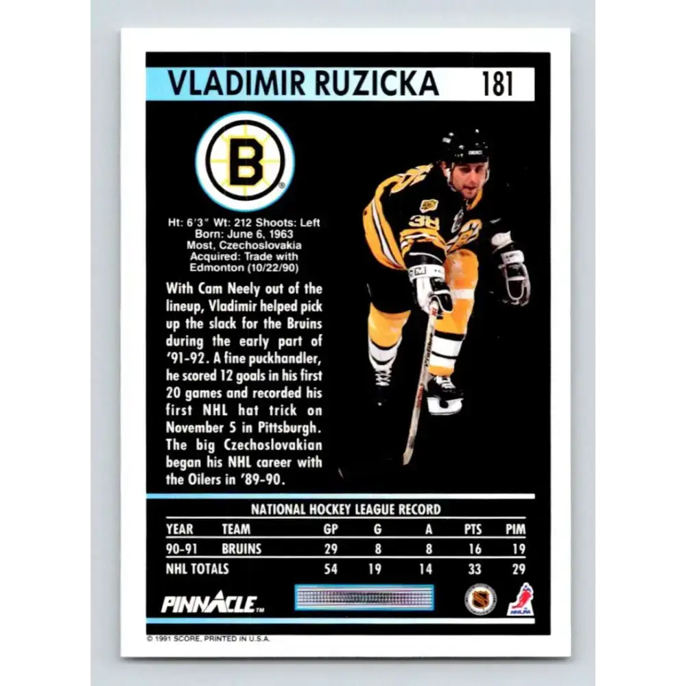 1991-92 Pinnacle #181 Vladimir Ruzicka NM-MT Boston Bruins Hockey Card - Hockey Card Single