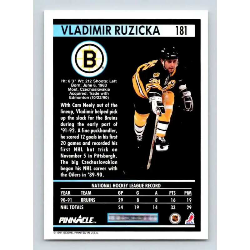 1991-92 Pinnacle #181 Vladimir Ruzicka NM-MT Boston Bruins Hockey Card - Hockey Card Single