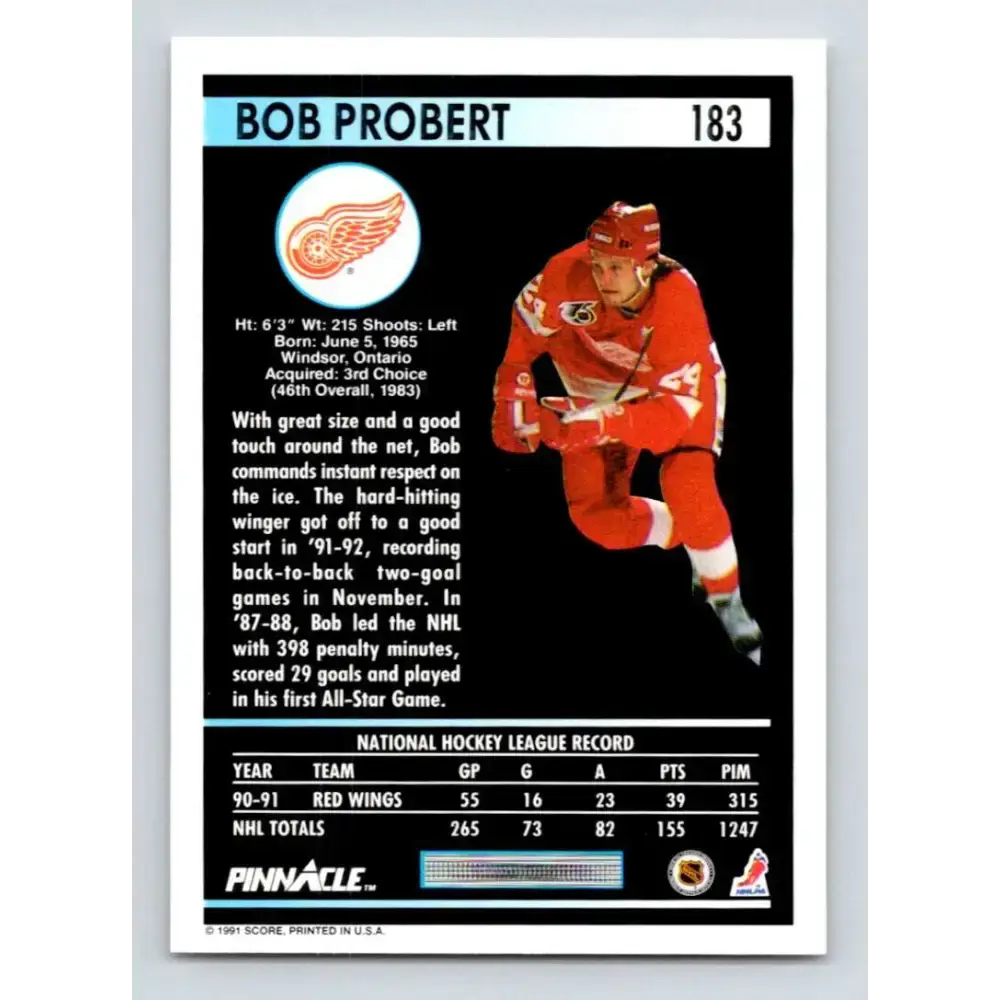 1991-92 Pinnacle #183 Bob Probert NM-MT Detroit Red Wings Hockey Card - Hockey Card Single