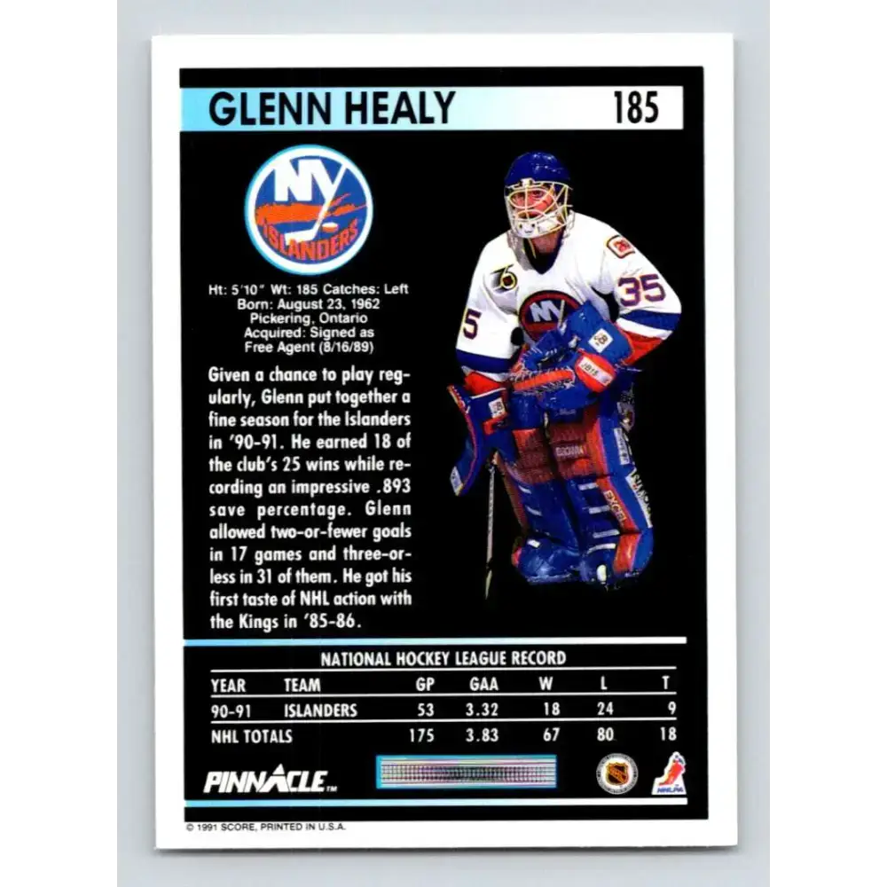 1991-92 Pinnacle #185 Glenn Healy NM-MT New York Islanders Hockey Card - Hockey Card Single