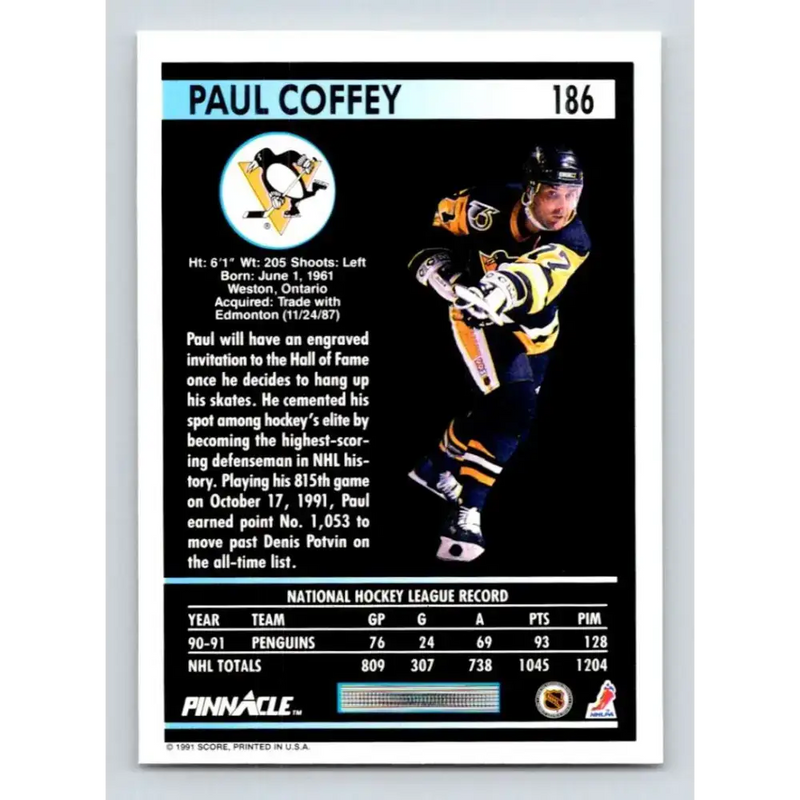 1991-92 Pinnacle #186 Paul Coffey NM-MT Pittsburgh Penguins Hockey Card - Hockey Card Single