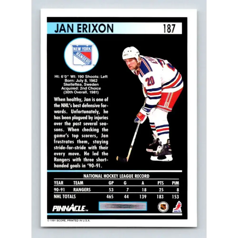 1991-92 Pinnacle #187 Jan Erixon NM-MT New York Rangers Hockey Card - Hockey Card Single