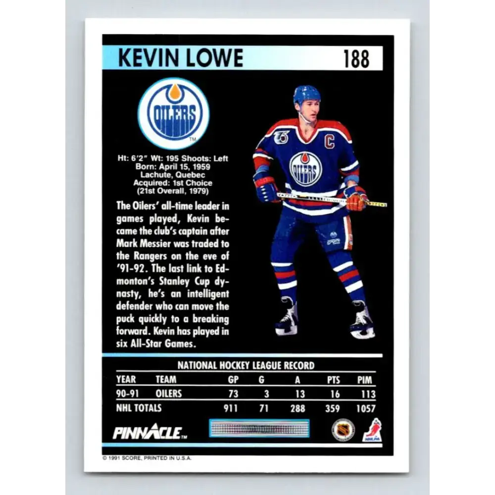 1991-92 Pinnacle #188 Kevin Lowe NM-MT Edmonton Oilers Hockey Card - Hockey Card Single