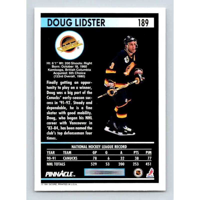 1991-92 Pinnacle #189 Doug Lidster NM-MT Vancouver Canucks Hockey Card - Hockey Card Single