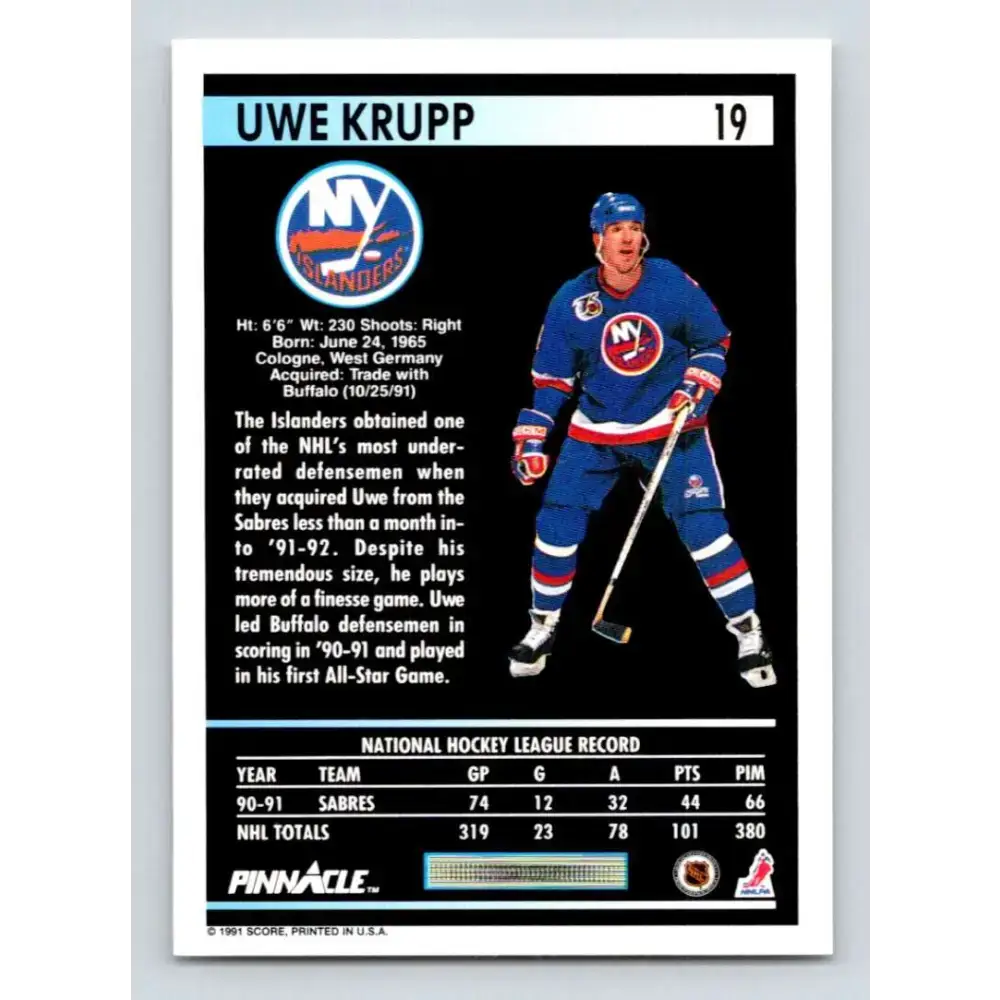 1991-92 Pinnacle #19 Uwe Krupp NM-MT New York Islanders Hockey Card - Hockey Card Single