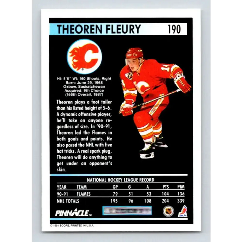 1991-92 Pinnacle #190 Theo Fleury NM-MT Calgary Flames Hockey Card - Hockey Card Single