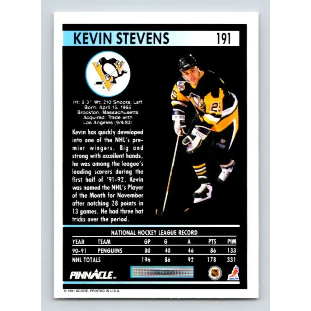1991-92 Pinnacle #191 Kevin Stevens NM-MT Pittsburgh Penguins Hockey Card - Hockey Card Single