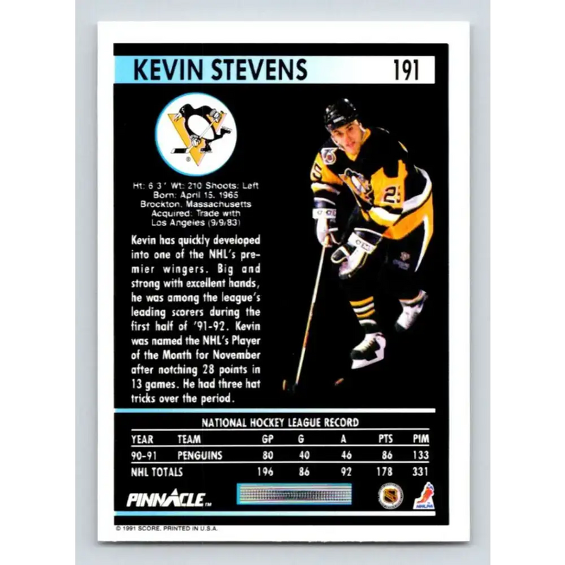 1991-92 Pinnacle #191 Kevin Stevens NM-MT Pittsburgh Penguins Hockey Card - Hockey Card Single