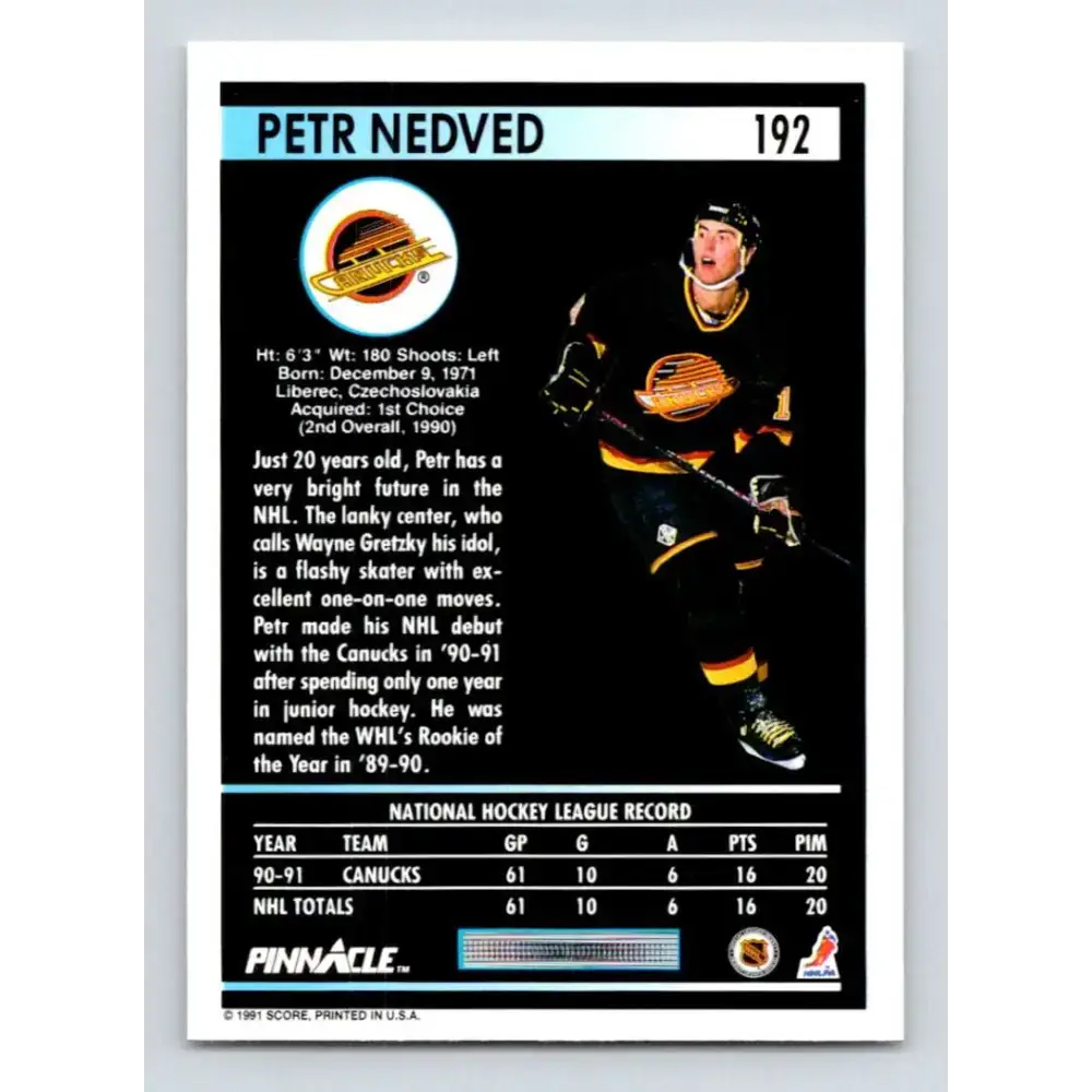1991-92 Pinnacle #192 Petr Nedved NM-MT Vancouver Canucks Hockey Card - Hockey Card Single