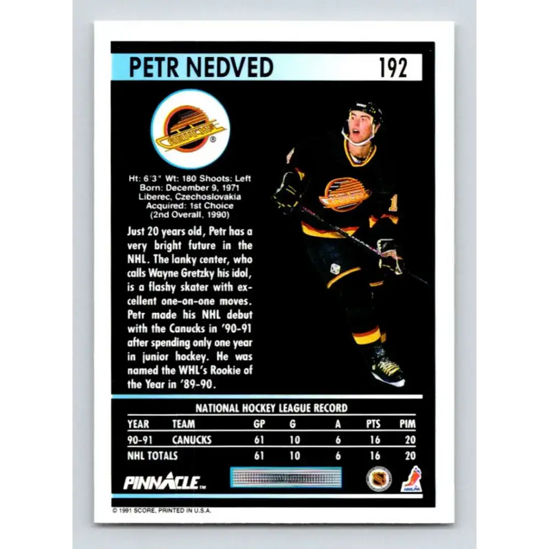 1991-92 Pinnacle #192 Petr Nedved NM-MT Vancouver Canucks Hockey Card - Hockey Card Single