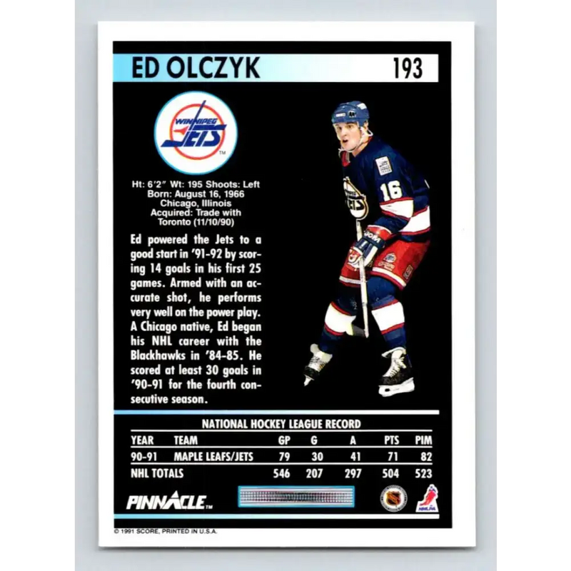 1991-92 Pinnacle #193 Ed Olczyk NM-MT Winnipeg Jets Hockey Card - Hockey Card Single