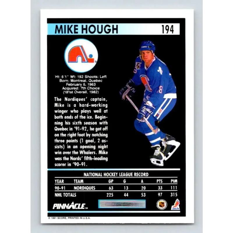 1991-92 Pinnacle #194 Mike Hough NM-MT Quebec Nordiques Hockey Card - Hockey Card Single