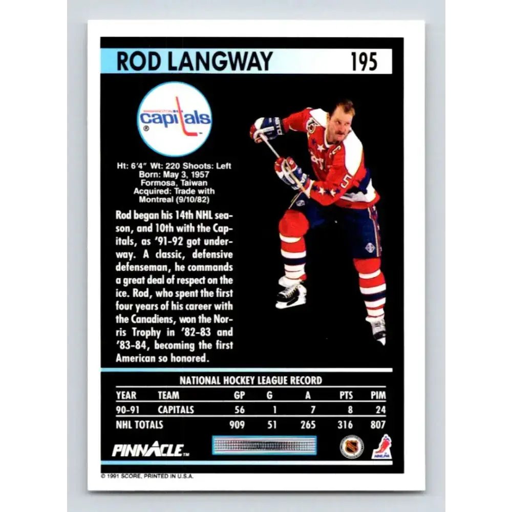 1991-92 Pinnacle #195 Rod Langway NM-MT Washington Capitals Hockey Card - Hockey Card Single