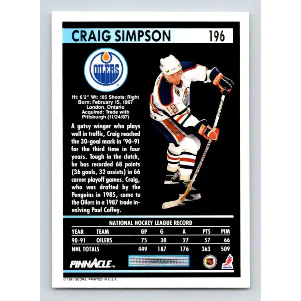 1991-92 Pinnacle #196 Craig Simpson NM-MT Edmonton Oilers Hockey Card - Hockey Card Single